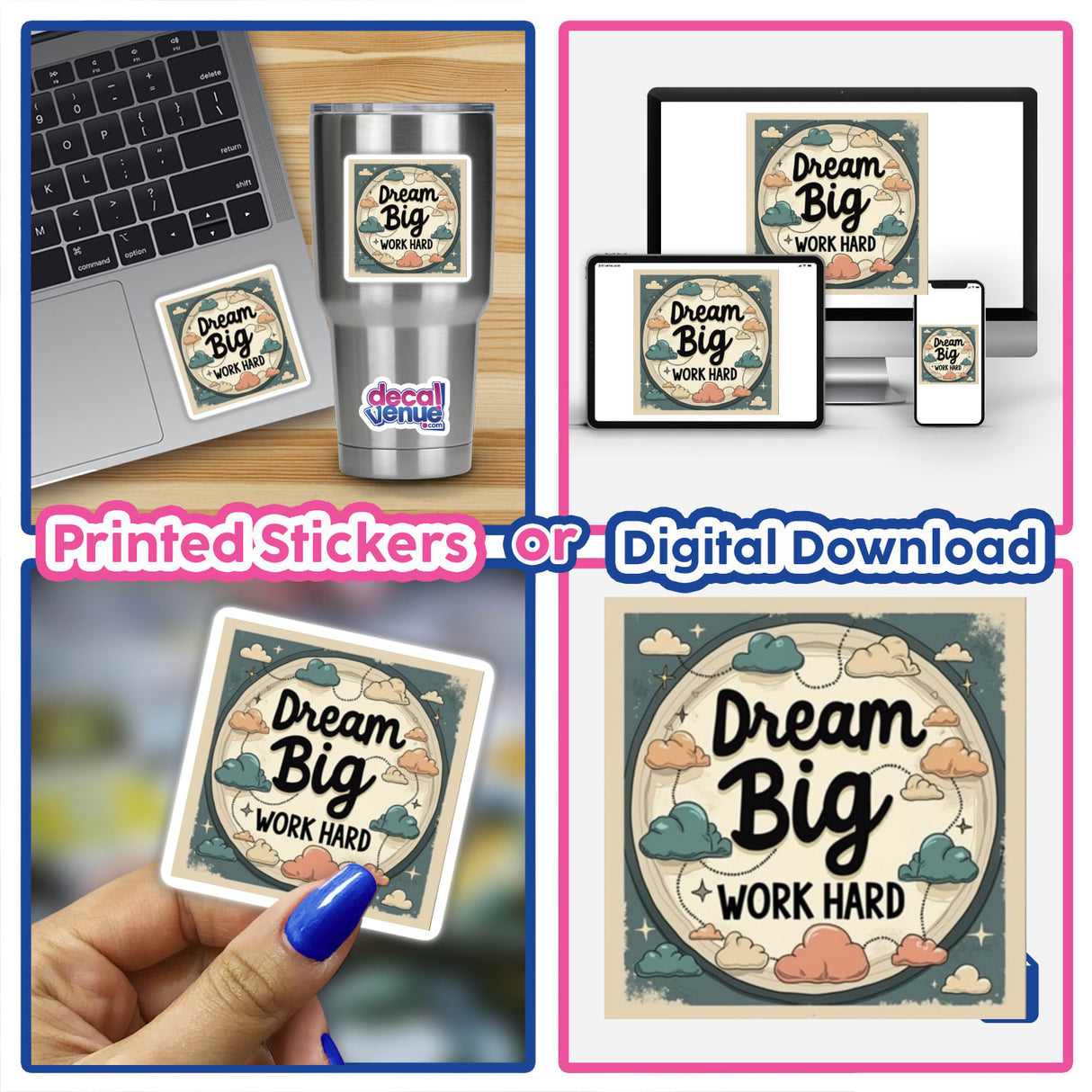 Dream Big Work Hard Planner Sticker displayed on a laptop, featuring a collage of stickers, ideal for planners or digital artwork with commercial rights from Decal Venue.