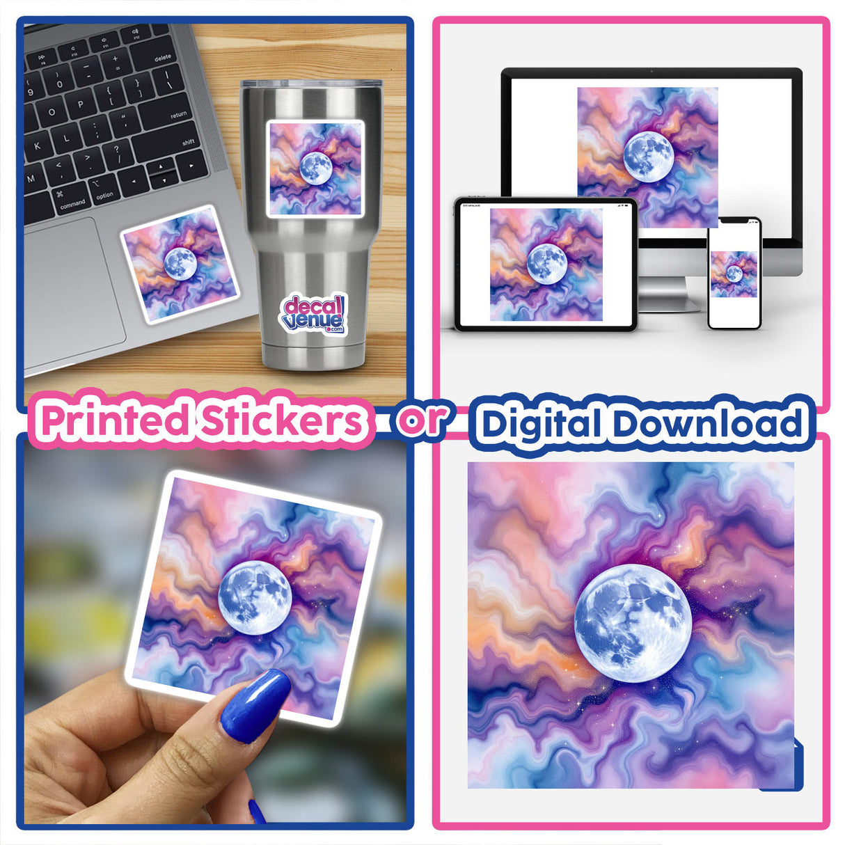 Moon Alcohol Ink Design collage featuring a blue planet and digital artwork, including a laptop with a related sticker, highlighting Decal Venue's unique stickers and digital art offerings.