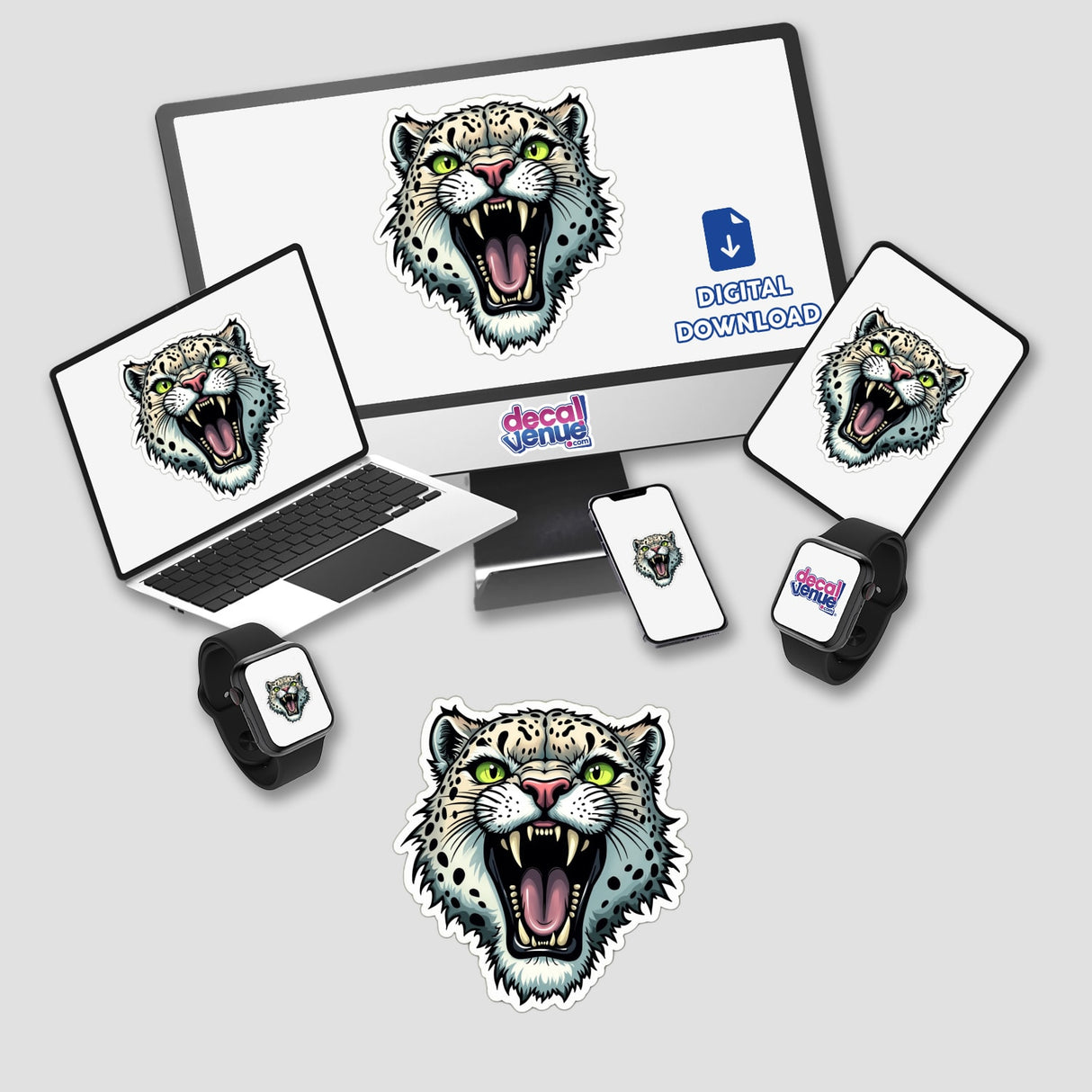 Onça Parda sticker or digital artwork featuring a cheetah face displayed on a laptop, computer monitor, and cell phone screen.