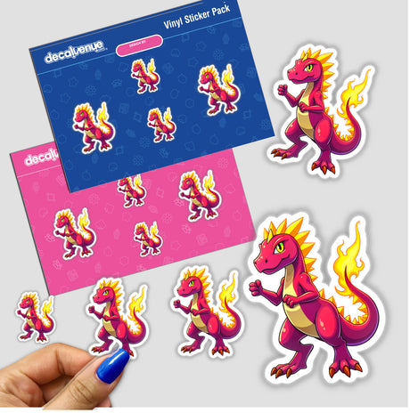 Dino Fighter - Blaze Tyranno stickers featuring vibrant cartoon dragon designs, perfect for adding a playful touch to any surface. Available as vinyl stickers or digital artwork.