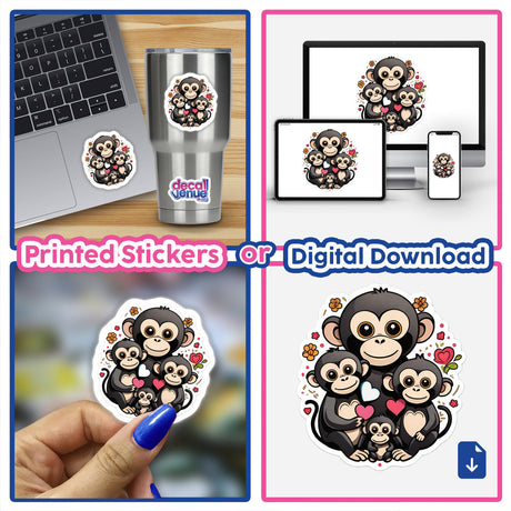 Cute cartoon monkey family: Adorable illustrated image of a family of monkeys surrounded by hearts and flowers, available as printed stickers or digital download from Decal Venue's store featuring unique digital art and sticker designs.
