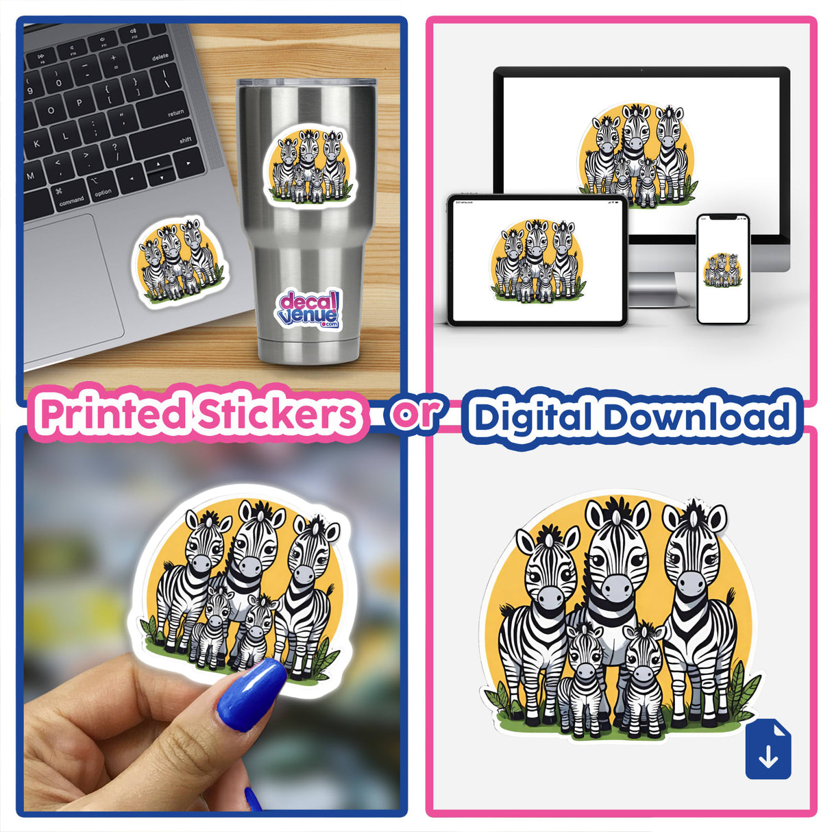 Zebra family - Colorful digital artwork depicting a group of zebras, available as printed stickers or a digital download from Decal Venue, an online store offering unique stickers and digital art.