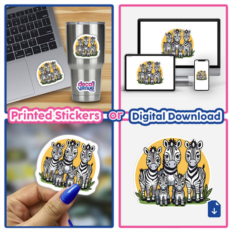 Zebra family - Colorful digital artwork depicting a group of zebras, available as printed stickers or a digital download from Decal Venue, an online store offering unique stickers and digital art.