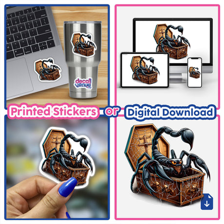 Halloween Scorpion Peeking Out of Coffin sticker on a laptop, showcasing a scorpion emerging from a coffin. Available as both stickers and digital artwork from Decal Venue.