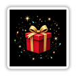 Red Present with Gold Ribbon and Christmas Lights sticker or digital artwork, featuring a festive red box adorned with a gold ribbon and bow, surrounded by soft holiday lights.