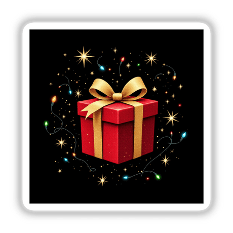 Red Present with Gold Ribbon and Christmas Lights sticker or digital artwork, featuring a festive red box adorned with a gold ribbon and bow, surrounded by soft holiday lights.