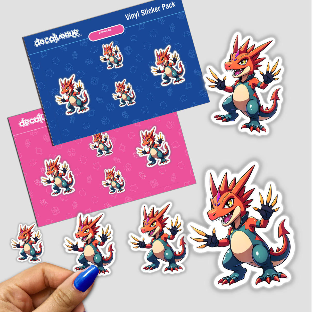 Sticker pack titled Dino Fighter - Cretaceous Crusher featuring various cartoon dragons. Includes a close-up of a hand holding a sticker, emphasizing Decal Venue's unique vinyl sticker offerings.