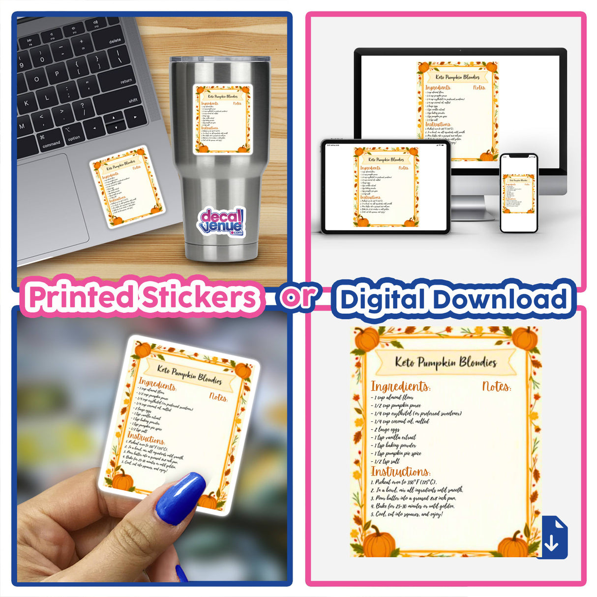Keto Pumpkin Blondies Recipe Clipart – Printable recipe card with laptop and sticker, showcasing a low carb dessert recipe for fall, ideal for commercial use and sticker download.