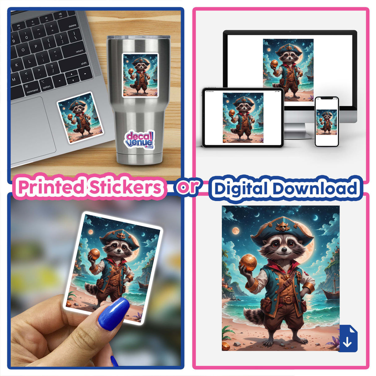 A collage featuring the A Cute Fantasy Raccoon Pirate sticker, depicting a cartoon raccoon holding a ball, alongside a laptop keyboard adorned with unique vinyl stickers.