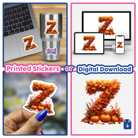 Thanksgiving Letter Z Clipart with fall leaves and pumpkins, available as stickers or for commercial use download.