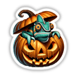 Digital artwork of a curious chameleon peeking out from an intricately carved pumpkin for Halloween, an eye-catching digital sticker design from Decal Venue.