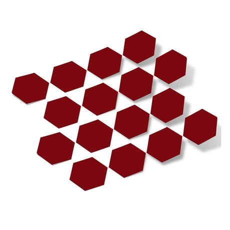 Burgundy Hexagon Vinyl Wall Decals: Abstract geometric arrangement of dark-red hexagons with a subtle 3D effect, perfect for decorating smooth surfaces with easy application and removal.