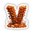 Thanksgiving Letter V Clipart featuring leaves and pumpkins, available as stickers or digital artwork for commercial use.