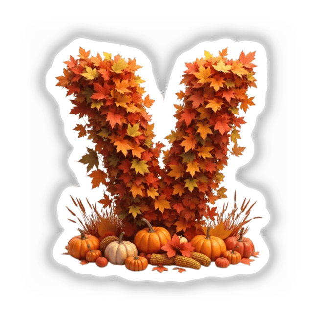 Thanksgiving Letter V Clipart featuring leaves and pumpkins, available as stickers or digital artwork for commercial use.