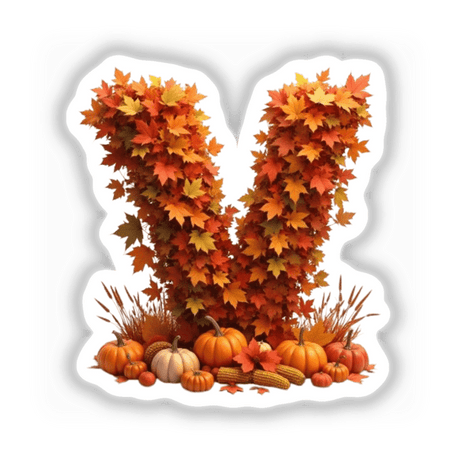 Thanksgiving Letter V Clipart featuring leaves and pumpkins, available as stickers or digital artwork for commercial use.