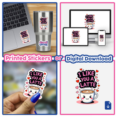 Collage featuring a sticker of a coffee cup with hearts and the phrase I Like You A Latte Funny Love Quote, displayed on a laptop, highlighting Decal Venue's unique vinyl sticker collection.