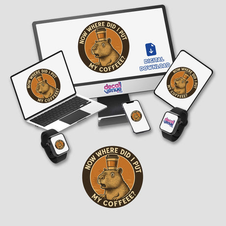 Capybara Coffee Quote Sticker or Clipart with Commercial Rights - Features a playful retro design of a capybara drinking coffee, ideal for stickers or digital artwork from Decal Venue.