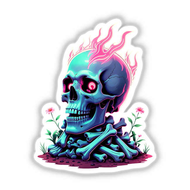 A Skull And Bones On Fire: Blue skull with pink flames, available as unique vinyl stickers or digital artwork, reflecting Decal Venue's artistic flair in illustrations.