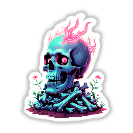 A Skull And Bones On Fire: Blue skull with pink flames, available as unique vinyl stickers or digital artwork, reflecting Decal Venue's artistic flair in illustrations.