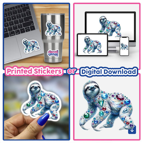 Collage featuring Sloth Jewels and Gemstones stickers, showcasing sloths adorned with gems, displayed on laptops and various surfaces. Available as stickers or digital artwork at Decal Venue.