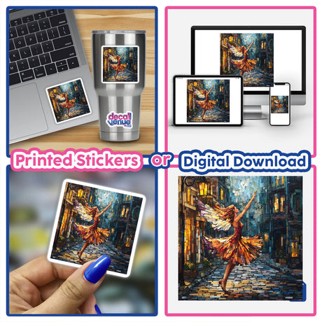 Collage showing Fairy Dancing on Cobblestone Street Mosaic artwork with a woman dancing, available as stickers or digital artwork from Decal Venue.
