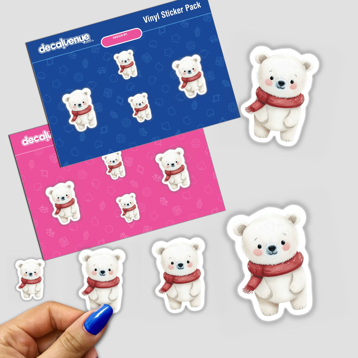 Festive Polar Bear Envelope Seal Stickers featuring adorable cartoon bears, including white bears in red scarves. Ideal as holiday stationery seals, available as stickers or digital artwork.