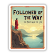A man stands on a cliff overlooking a lake, inspired by John 14:6, available as Vintage Christian Clipart Stickers or Digital Artwork.