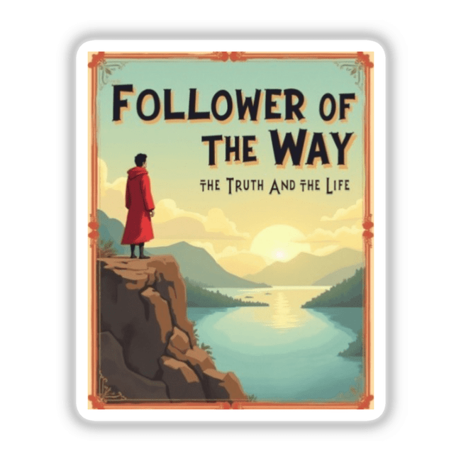 A man stands on a cliff overlooking a lake, inspired by John 14:6, available as Vintage Christian Clipart Stickers or Digital Artwork.
