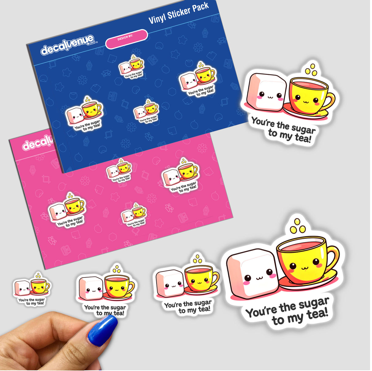 You're The Sugar To My Tea Funny Love Quote sticker featuring cartoon characters, a tea cup, and sugar cube, showcasing Decal Venue's unique vinyl sticker collection.