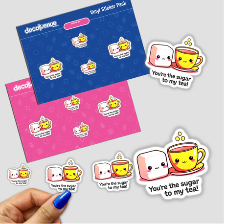You're The Sugar To My Tea Funny Love Quote sticker featuring cartoon characters, a tea cup, and sugar cube, showcasing Decal Venue's unique vinyl sticker collection.
