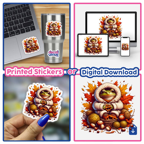 Collage featuring the Autumn Frog in Cozy Sweater sticker on a laptop, close-up of the sticker held by a hand, and the digital artwork displayed on a phone.