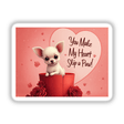 Chihuahua Sticker and Clipart with Commercial Rights: Features a cartoon dog with big eyes inside a box, perfect for Valentine's Day designs. Available as stickers or digital artwork.