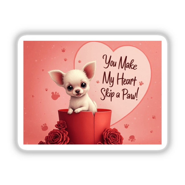Chihuahua Sticker and Clipart with Commercial Rights: Features a cartoon dog with big eyes inside a box, perfect for Valentine's Day designs. Available as stickers or digital artwork.