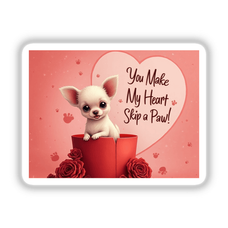 Chihuahua Sticker and Clipart with Commercial Rights: Features a cartoon dog with big eyes inside a box, perfect for Valentine's Day designs. Available as stickers or digital artwork.
