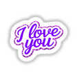 I Love You sticker featuring bold purple lettering on a white background, available as a sticker or digital artwork from Decal Venue, known for unique graphic designs.