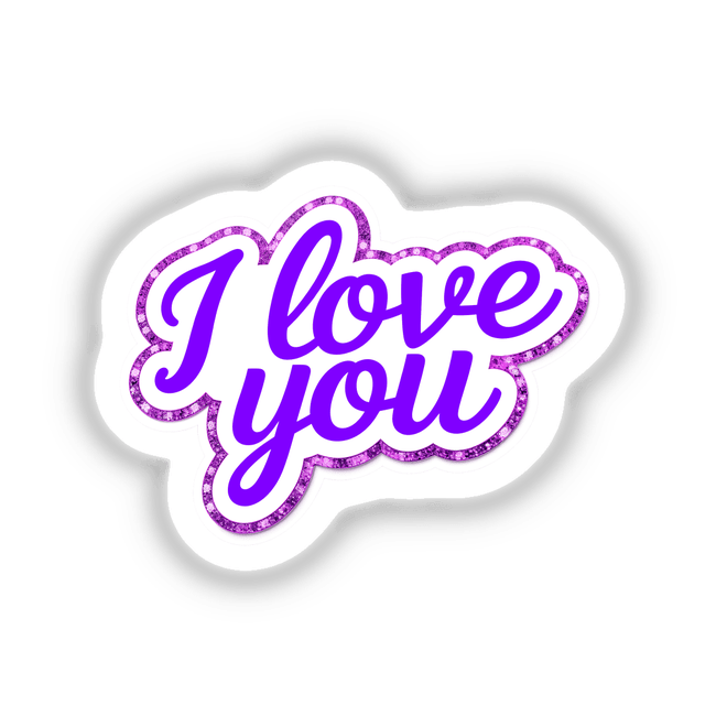 I Love You sticker featuring bold purple lettering on a white background, available as a sticker or digital artwork from Decal Venue, known for unique graphic designs.