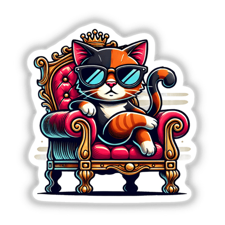 Sassy Cat Royalty Cool Cat on a Throne: Cartoon cat wearing sunglasses, sitting on a red chair with a gold crown, available as stickers or digital artwork.