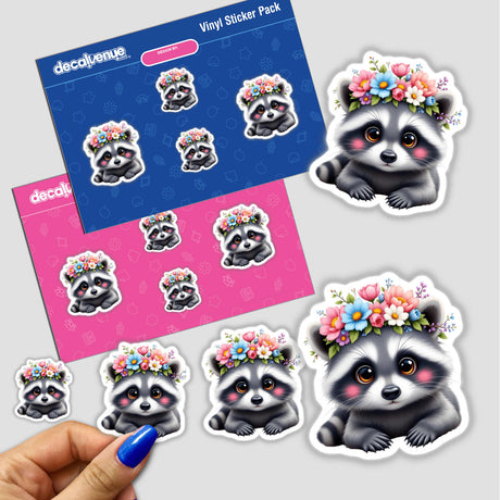 Adorable Raccoon Wearing a Floral Crown sticker, featuring a playful raccoon with a vibrant flower crown, perfect for adding charm and whimsy to your personal items or digital spaces.