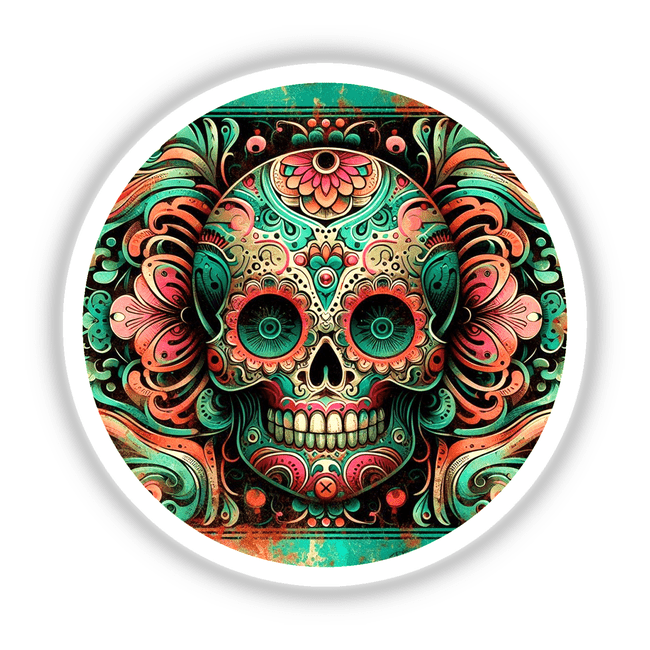 Colorful, ornate Day of the Dead skull digital artwork with intricate floral and pattern designs