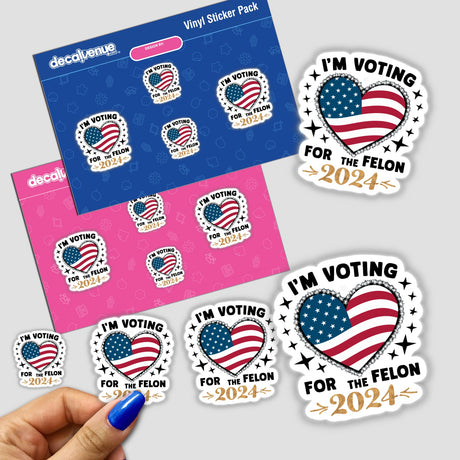 Patriotic digital artwork stickers with the message "I'm Voting for the Felon - Trump for President 2024" displayed on a blue and pink background.