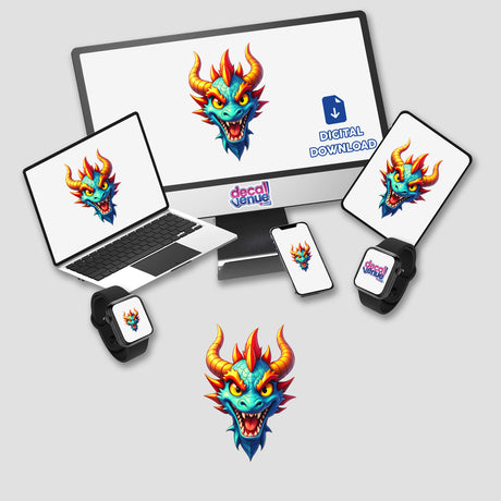 A Cool Fantasy Dragon digital artwork displayed on a computer monitor and laptop, showcasing a vibrant cartoon dragon face, available as stickers or digital art from Decal Venue.