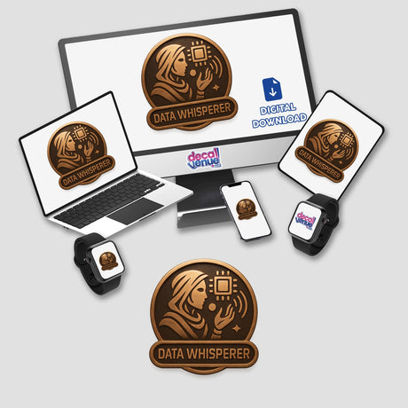 Data Whisperer – RPG-Style Skill Badge featuring a bronze futuristic crest, available as a unique sticker or digital artwork, ideal for showcasing prowess in data manipulation.