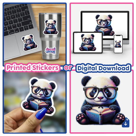 Panda Bear With Reading Glasses Open Book sticker displayed on a laptop, highlighting its cute design. Available as stickers or digital artwork, perfect for personalizing devices.