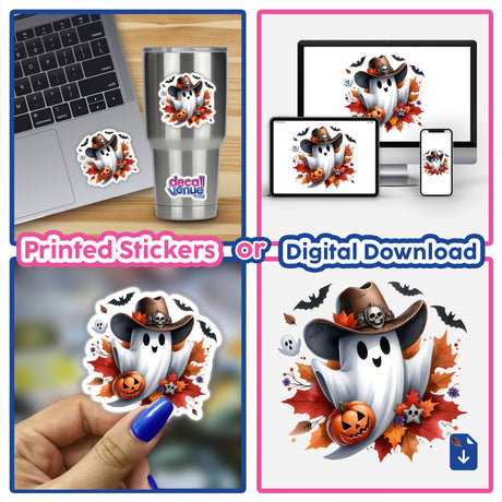 Halloween Autumn Cowboy Ghost stickers and digital artwork collage featuring a ghost with a cowboy hat and pumpkins, displayed on a laptop, phone, and hand-held sticker.