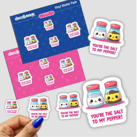 Stickers featuring cartoon characters, including a salt and pepper shaker, illustrating the You're The Salt To My Pepper Funny Love Quote, available as stickers or digital artwork.