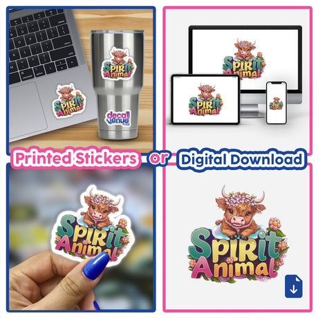 Spirit Animal Highland Cow - Colorful digital artwork of a highland cow with decorative text displayed on a laptop, mobile device, and as a printed sticker.