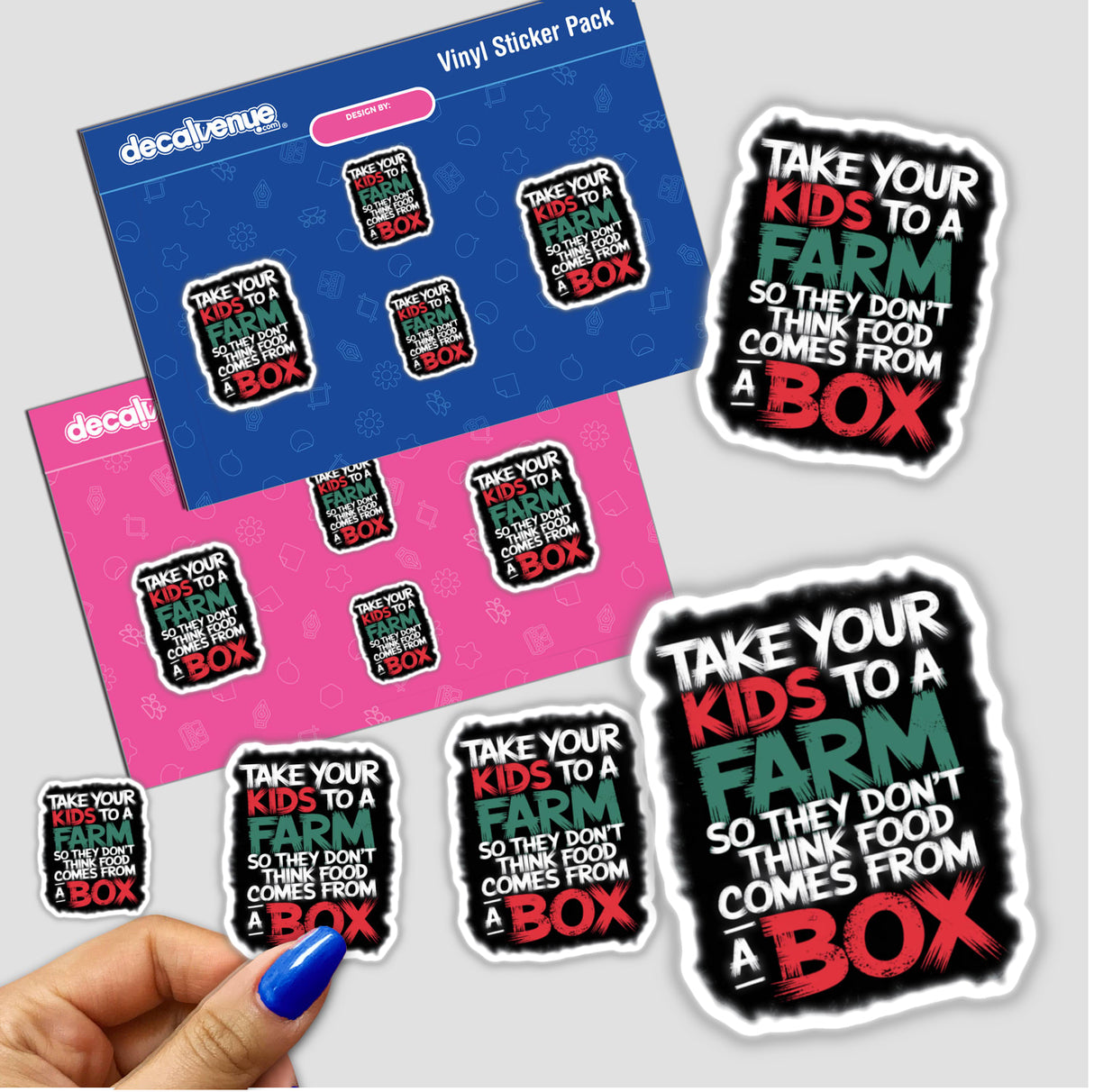 Farm Fun Quote Sticker - Take Your Kids to a Farm - Stickers or Download with Commercial Rights, featuring a playful design on a sticker pack held by a hand.