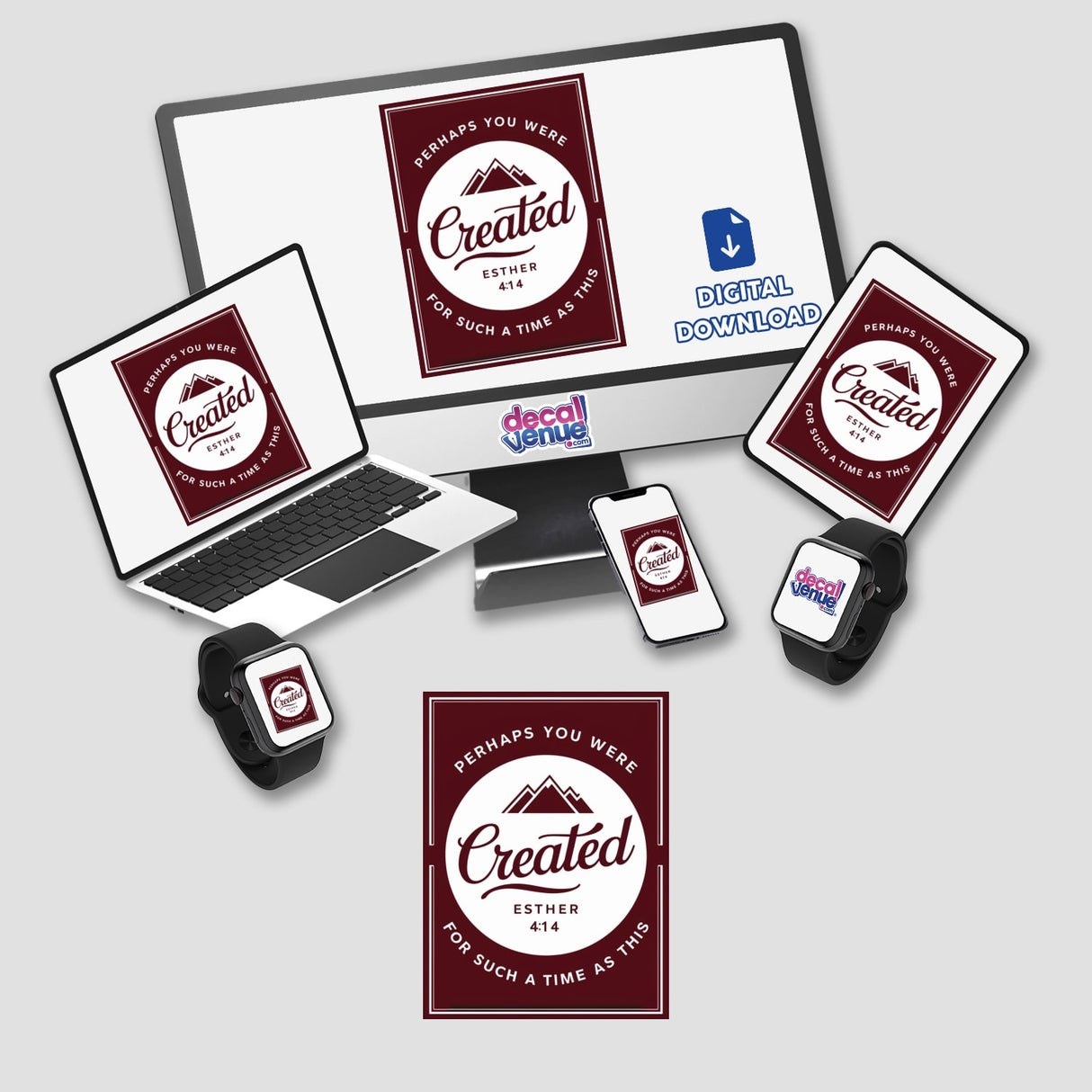 Created for Such a Time as This - Esther 4:14 Bible Verse Clipart displayed on laptop, computer monitor, and smart watch; available as stickers or digital artwork for commercial use download.