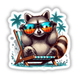Summertime Raccoon on Beach Vacation: Illustration of a raccoon wearing sunglasses, lounging in a chair. Available as unique vinyl stickers or digital artwork from Decal Venue.