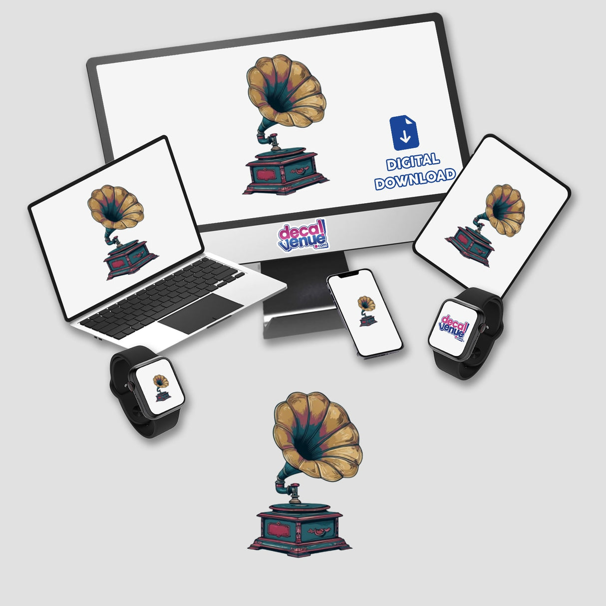 Antique Gramophone | Dark Academia Music Sticker featuring a gramophone illustration displayed on a computer monitor and laptop, ideal for lovers of unique stickers and digital art.
